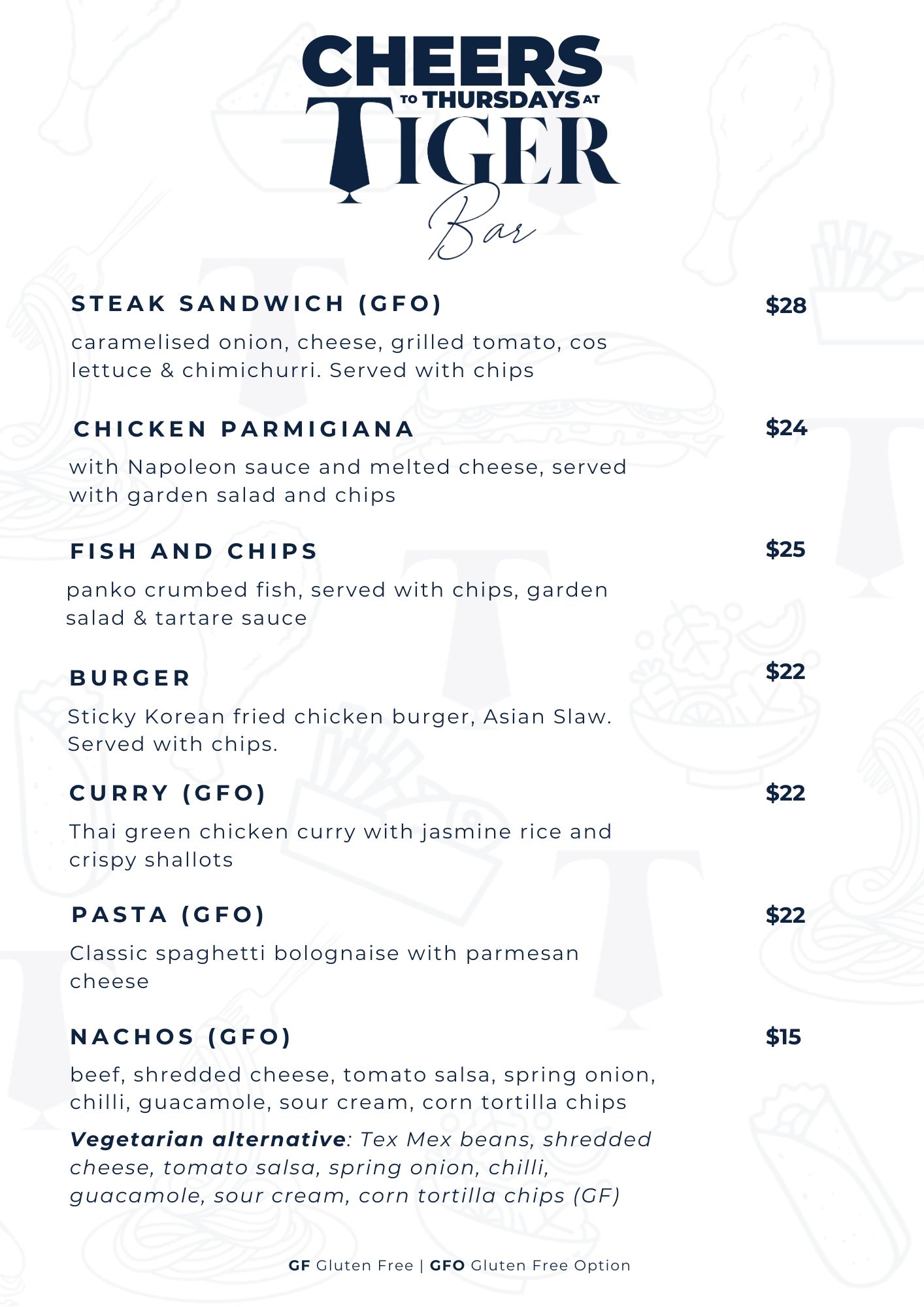 Tiger Bar Menu